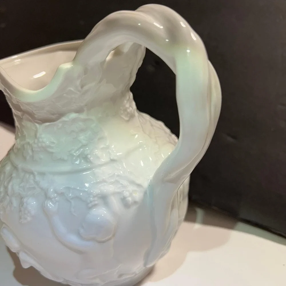 Vintage White Glass Cherub Pitcher Embossed Grape Vine Relief molded Victorian‎